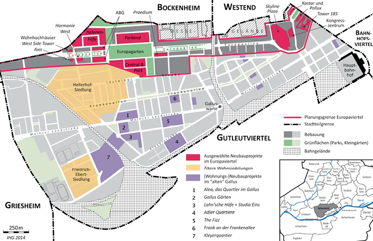 Abb. 5 Neubauprojekte im Gallus und Europaviertel, Stand Sept. 2014 (Karte: Elke Alban)
