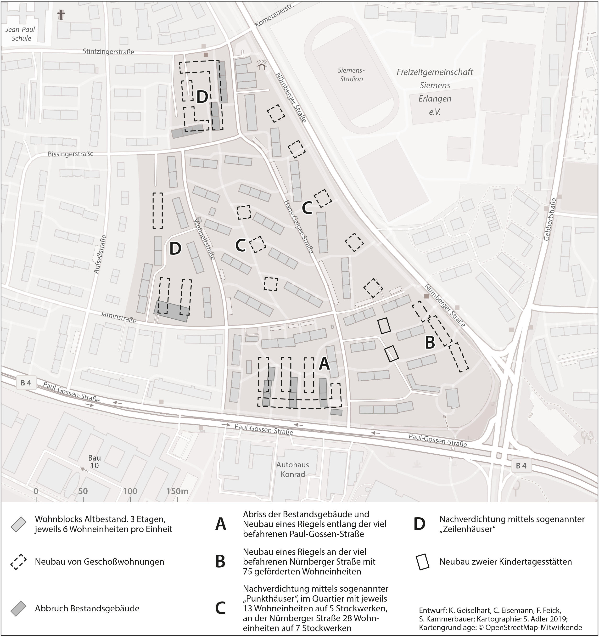 Abb. 2 Veränderungen im Wohnbaubestand im Zuge der Nachverdichtung der Rathenausiedlung (Quelle: Eigene Darstellung, Kartographie: Stephan Adler)