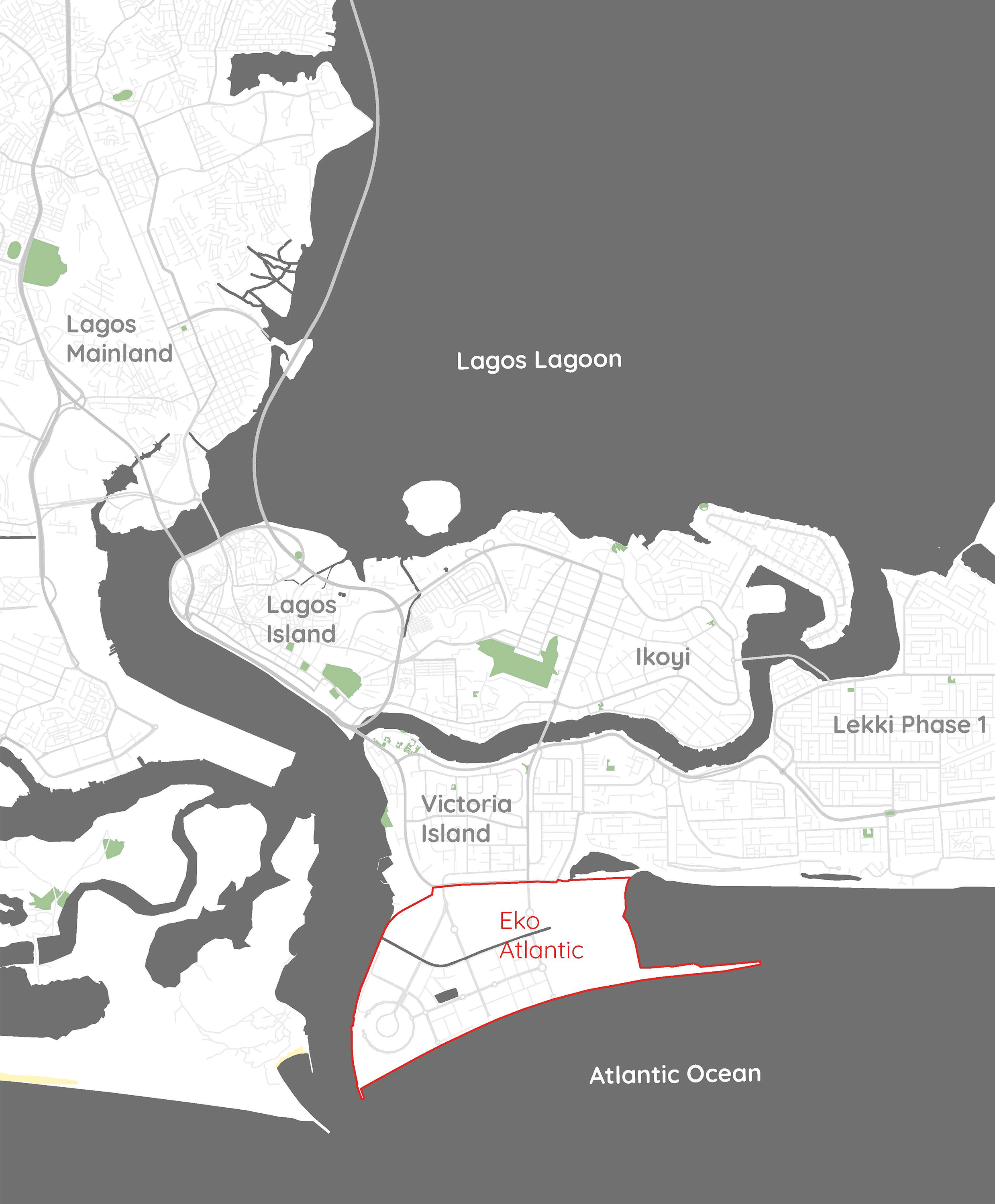 Abb. 2	Lage von Eko Atlantic vor Lagos (Quelle: Openstreetmap; Bearbeitung durch Autorin)