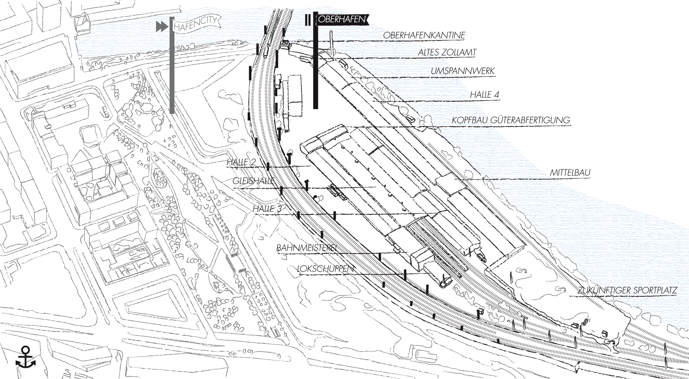 Abb. 2	Skizzierte Luftperspektive des Oberhafens in der HafenCity, 2018 (Eigene Darstellung)