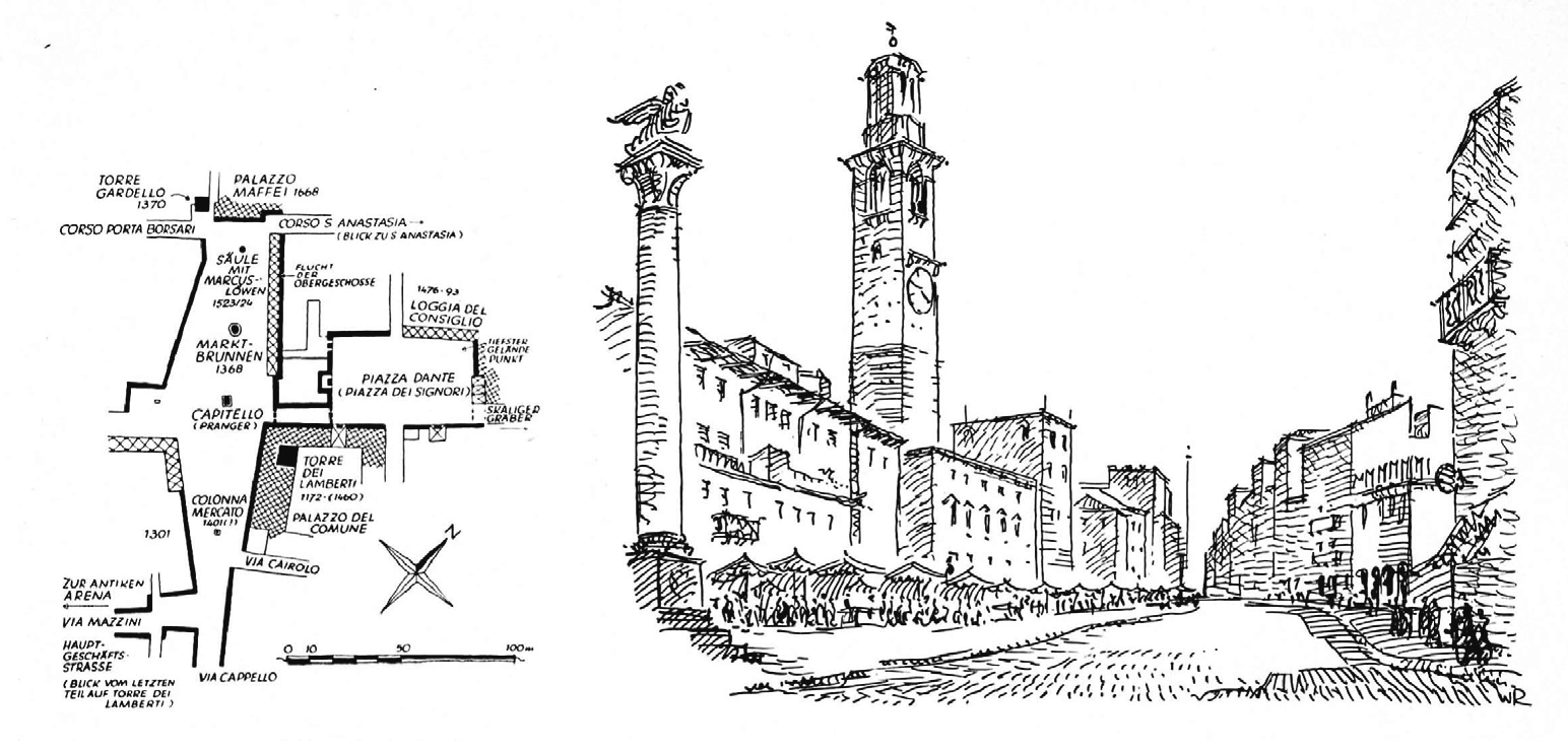 Abb. 1 Wolfgang Raudas Analyse der Piazza delle Erbe/Verona im Lageplan und als Perspektive (Rauda 1956: 21)