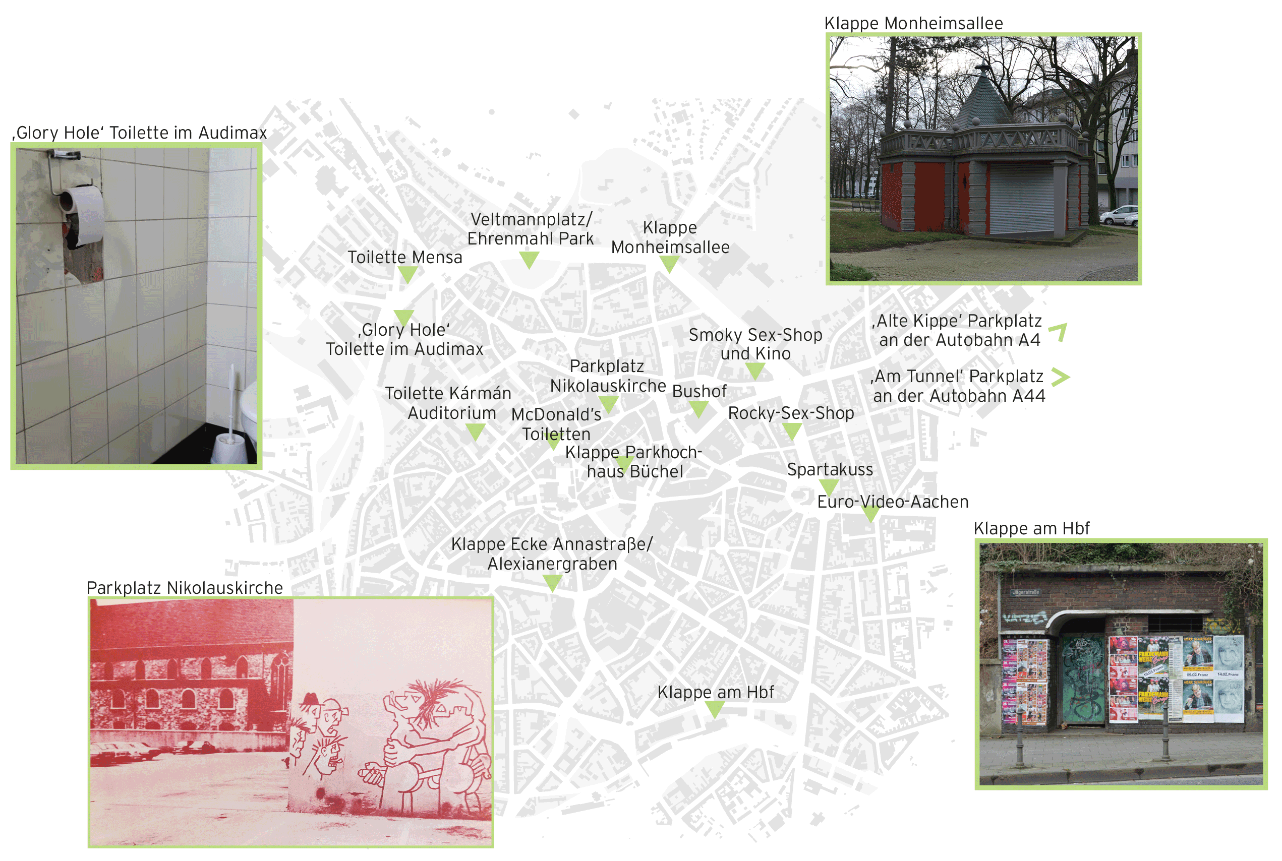 Abb. 1 Kartierung der Klappen und Cruising-Areale in Aachen, 1970-2020 (eigene Darstellung von QUEERingAACHEN, mit eigenen Fotografien und historischem Foto der Wandmalerei aus dem „Rosa Kalender“, Aachener Printenschwestern 1981)