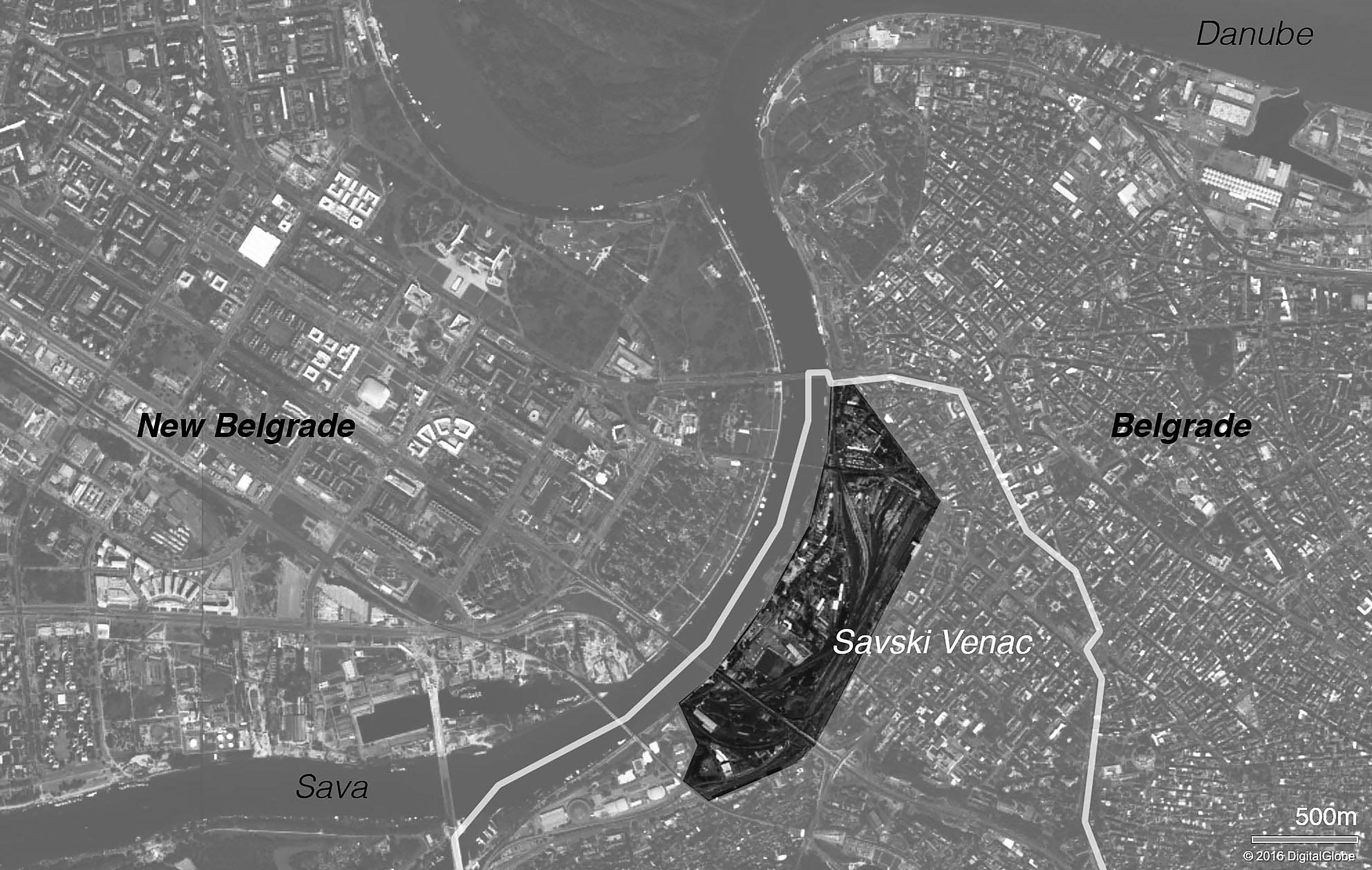 Abb. 1 Der Standort von „Belgrade Waterfront“ am Fuße des sogenannten Amphitheaters des Flusses Save in Belgrad (Bing 2016, mit Ergänzungen d. A.).