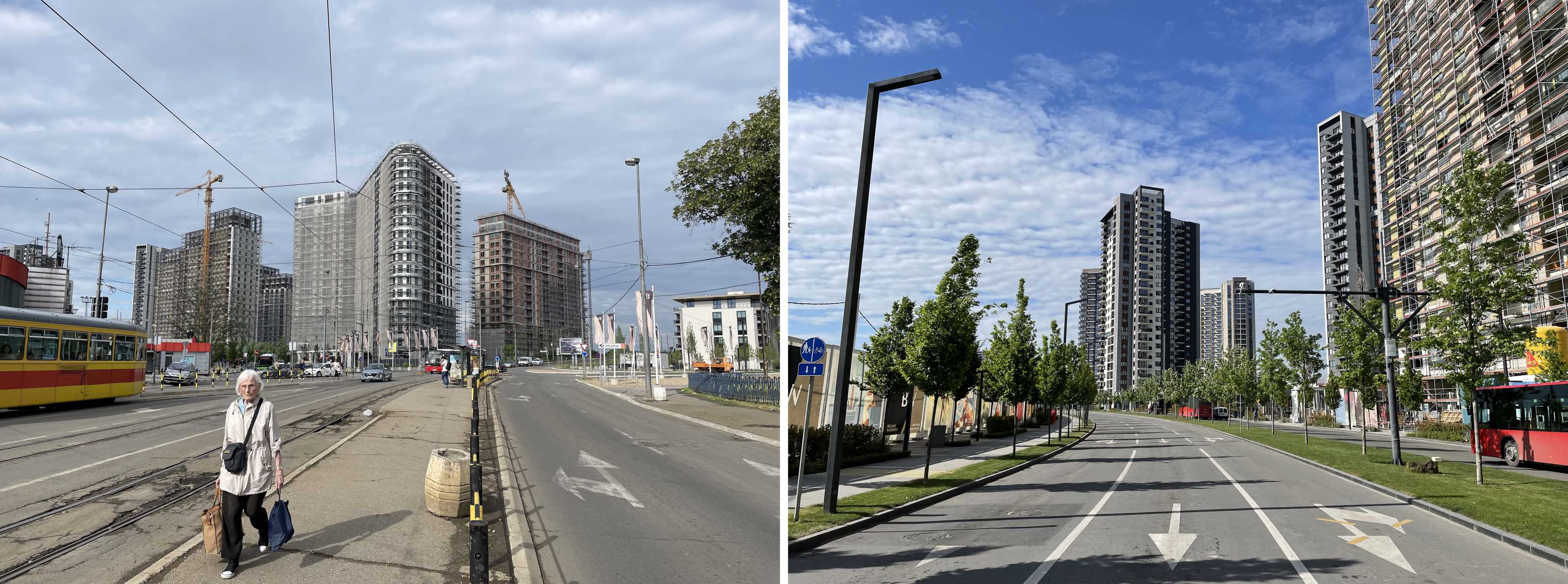 Abb. 5 BW in der Umsetzung. Links: Blick von der Innenstadt aus. Rechts: Hauptstraße des neuen Viertels (Quelle: Aufnahmen d. A., Mai 2022)