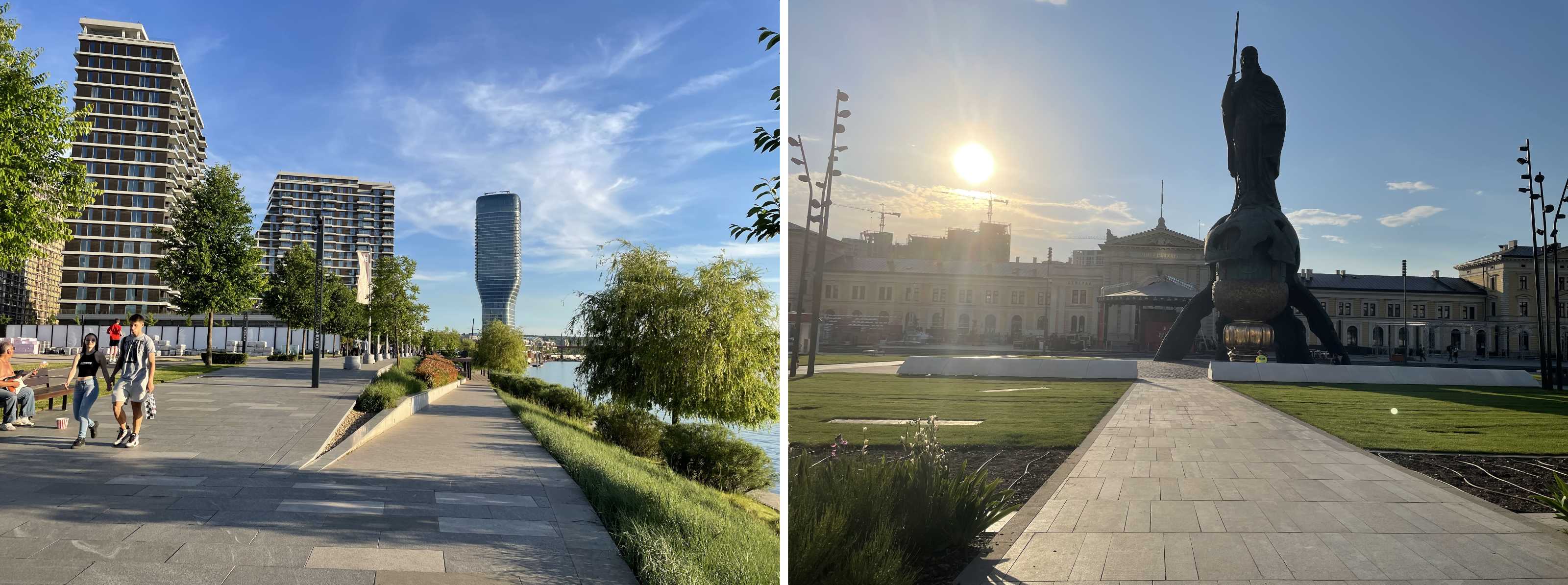 Abb. 6 Neue städtische Wahrzeichen. Links: Save-Promenade mit dem Belgrad-Turm (Kula Beograd). Rechts: Saveplatz mit dem Stefan-Nemanja-Denkmal (Quelle: Aufnahmen d. A., Mai 2022)