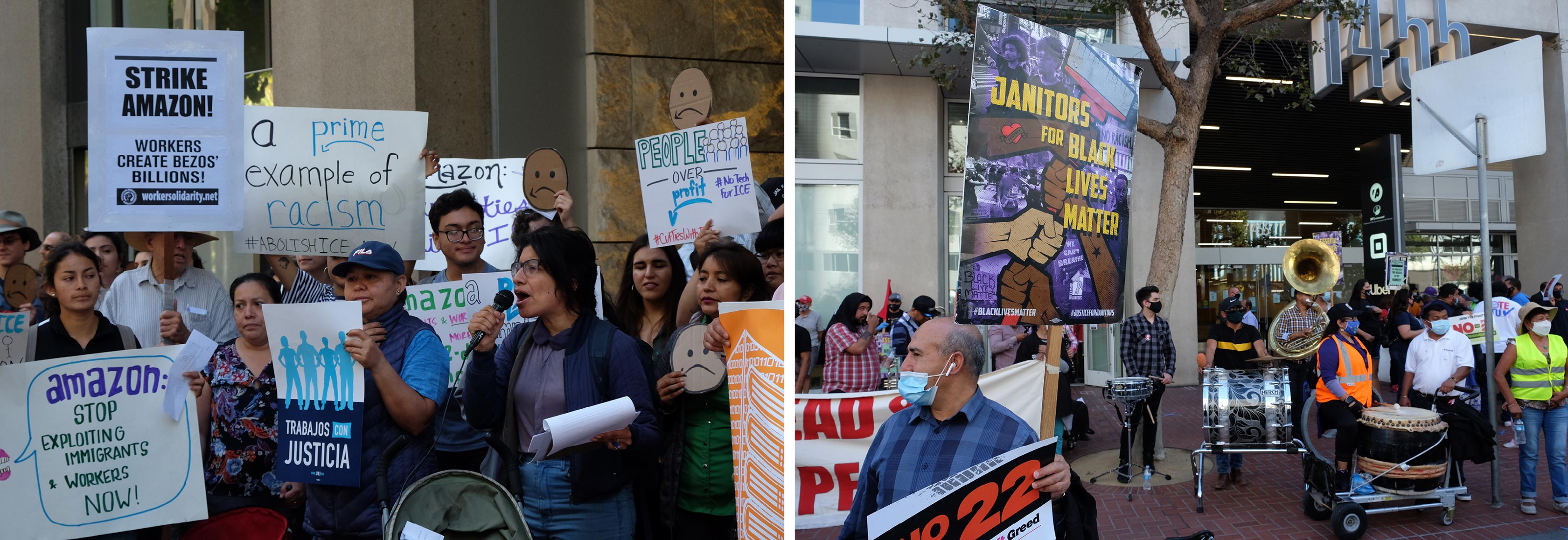 Abb. 13 und 14 Proteste vor den Büros von Amazon und dem Uber-Hauptsitz an der Market Street (Fotos: Katja Schwaller, 2019 und 2020)