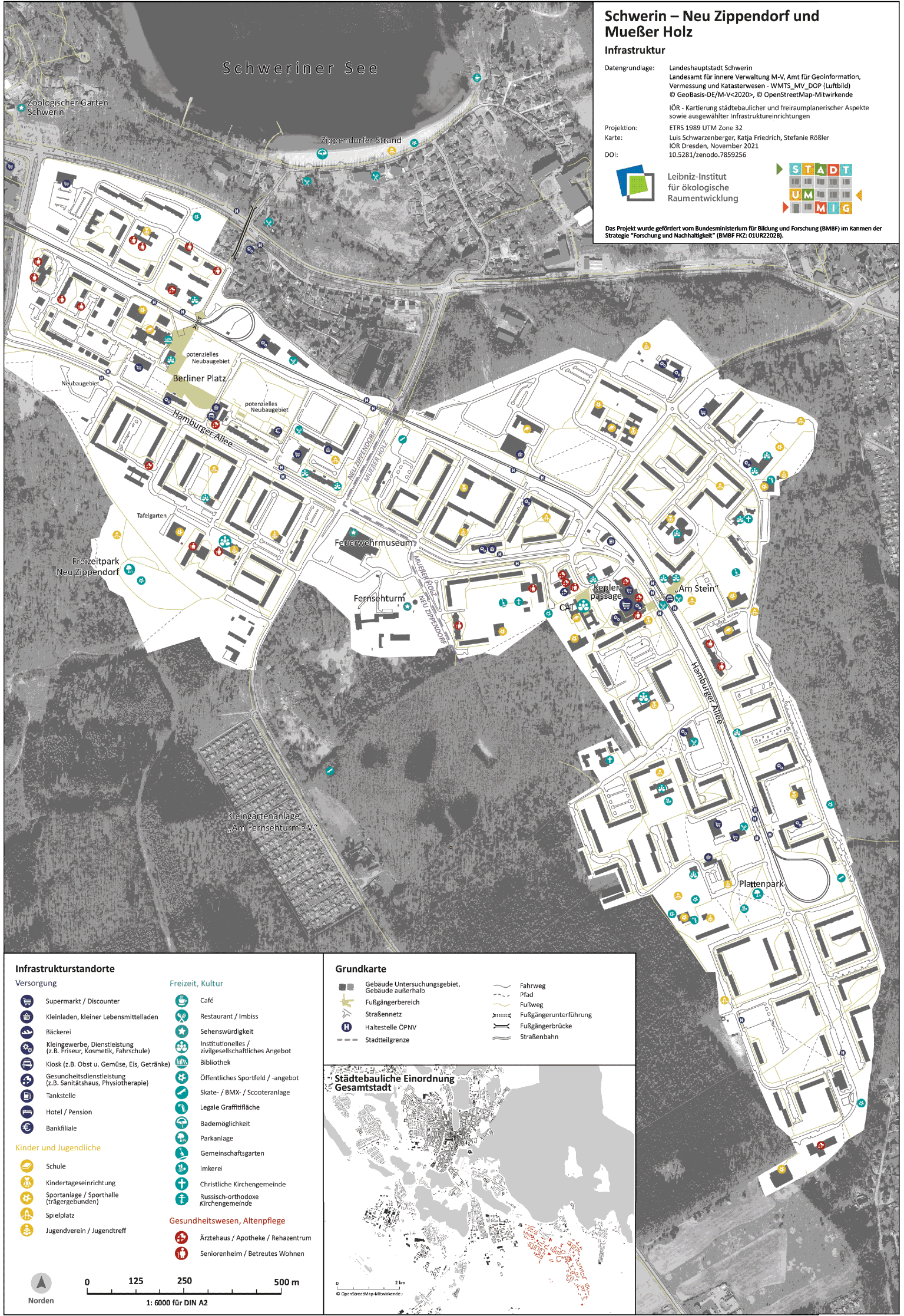 Abb. 1 Infrastrukturkarte der Schweriner
					Stadtteile Neu-Zippendorf und Mueßer Holz (südlich der Strichlinie) (Quelle: Friedrich/Rößler
					2023a).